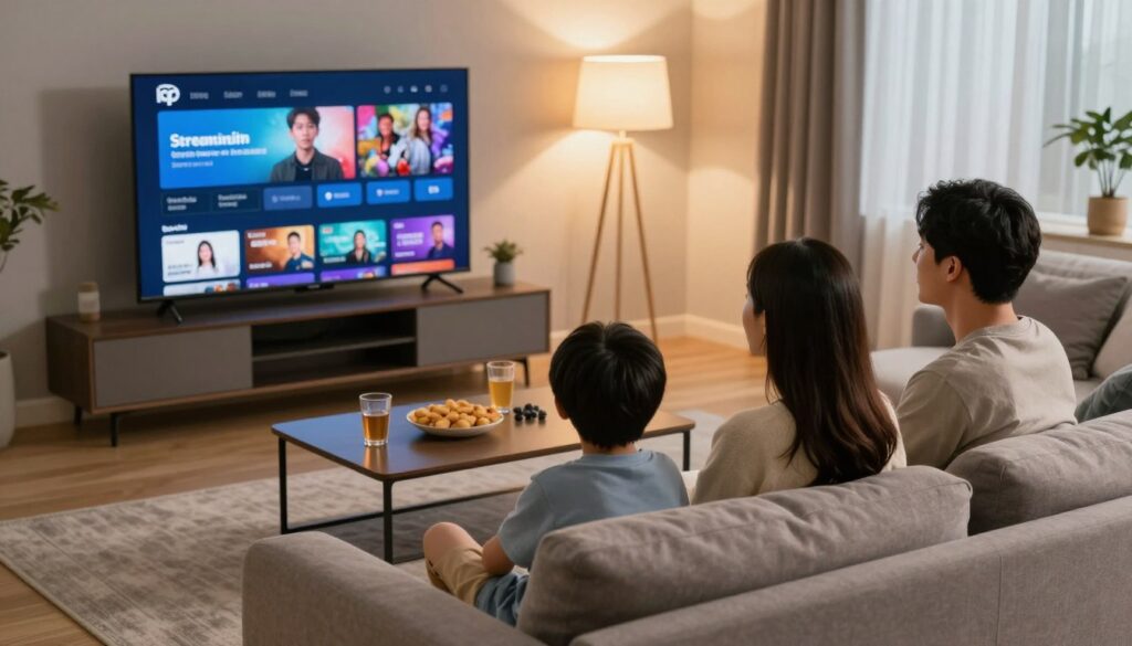 A modern living room setting with a sleek television displaying a vibrant IPTV streaming interface. In the foreground, a family of three—two adults and a child—are seated comfortably on a stylish couch, attentively watching their favorite show. They are dressed in casual, modest clothing, conveying a sense of family togetherness. The middle ground features a coffee table with snacks and drinks, enhancing the cozy atmosphere. The background showcases soft lighting from a table lamp, casting a warm glow throughout the room. The overall mood is relaxed and inviting, reflecting a seamless streaming experience. The camera angle is slightly elevated, focusing on the engaging interaction among the family while emphasizing the captivating visuals on the screen.