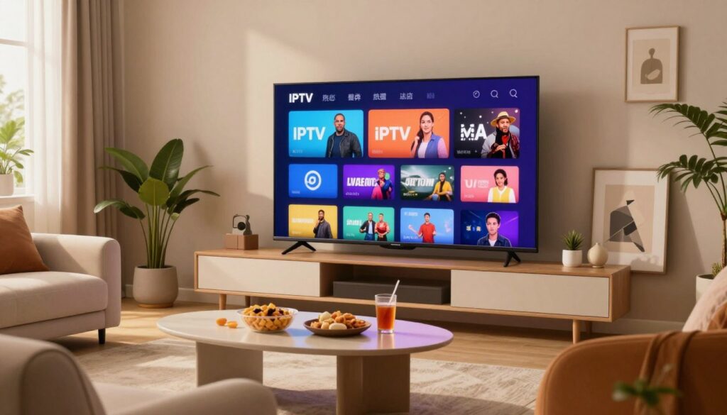 A modern living room setup designed for streaming, featuring a large flat-screen TV displaying a vibrant interface of an IPTV streaming service with a selection of channels, including entertainment, sports, and movies. In the foreground, a sleek, comfortable couch and a stylish coffee table with snacks and drinks create an inviting atmosphere. In the middle, the TV is highlighted, showcasing colorful thumbnails of various live channels. Soft, warm lighting fills the room, giving a cozy and relaxed vibe. In the background, tasteful decor items such as plants and art pieces enhance the space, while a window allows gentle natural light to filter in, blending indoor comfort with a touch of outdoor serenity. The mood is lively and engaging, perfect for enjoying diverse streaming options.