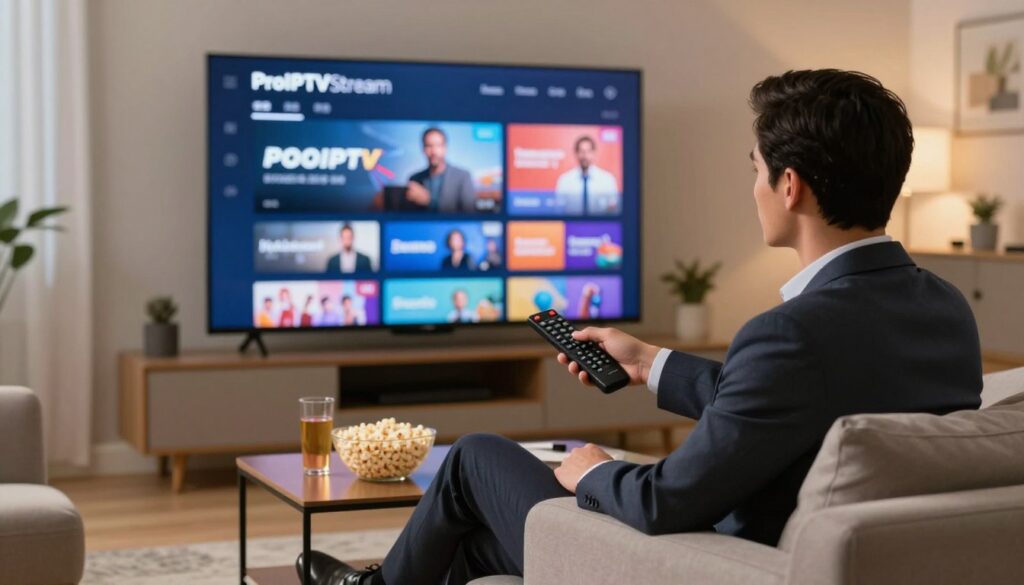 A modern living room setup featuring a large flat-screen TV displaying the interface of ProIPTVStream, showcasing its high-quality adult IPTV service offerings. In the foreground, a stylish, professional-looking individual in business attire is seated comfortably on a sleek sofa, remote in hand, engaging with the content. The middle ground includes a coffee table with popcorn and drinks, emphasizing a relaxed viewing experience. The background reveals a cozy, well-decorated room with soft lighting creating an inviting atmosphere. Use warm, soft lighting with a slightly blurred depth of field to convey a comfortable and upscale vibe. This image should portray a sense of enjoyment and sophistication in home entertainment.