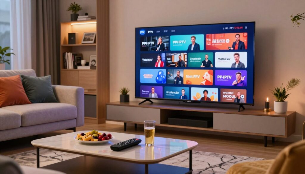 A modern living room setup featuring a sleek flat-screen TV displaying an array of vibrant live streaming PPV channels. In the foreground, a stylish coffee table with remote controls, snacks, and drinks creates a relaxed viewing atmosphere. The middle ground showcases a plush sofa with colorful cushions and a decorative rug, inviting viewers to enjoy the extensive channel library offered by the premium PPV IPTV service, PROIPTVSTREAM. The background subtly captures shelves lined with various entertainment media, with soft, warm lighting illuminating the space, creating a cozy yet sophisticated ambiance. The image conveys excitement and comfort, highlighting the enjoyment of diverse content available through the IPTV service.