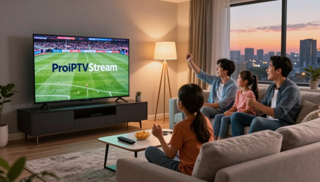 A modern living room setup featuring a sleek, high-definition television displaying the ProIPTVStream logo. In the foreground, a stylish sofa with plush cushions invites viewers, while a small coffee table holds a remote control and snacks, creating a cozy atmosphere. In the middle ground, a family of four, dressed in smart casual attire, enjoys watching a live sports event together, reflecting excitement and engagement. The background showcases warm ambient lighting from floor lamps, and large windows reveal a sunset skyline, adding a vibrant touch. The scene conveys a sense of togetherness and enjoyment around premium entertainment, highlighting the IPTV service experience.