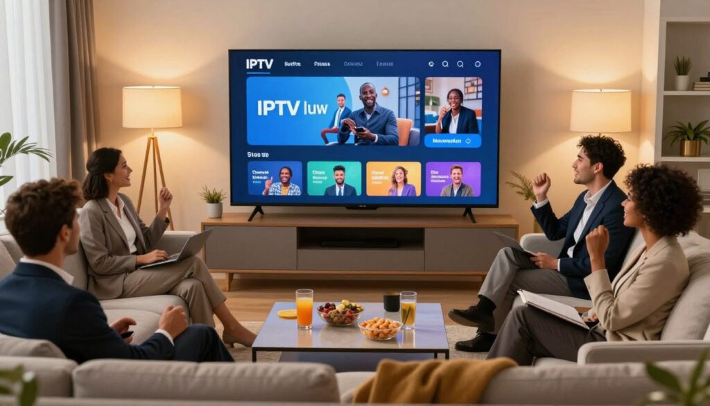 A modern living room setup featuring a sleek, large-screen television displaying a stylish interface for an IPTV streaming service. In the foreground, a group of diverse individuals dressed in professional business attire, seated comfortably on a contemporary sofa, engage with the IPTV content on the screen, showcasing joyful expressions and enthusiasm. The middle layer includes a coffee table adorned with snacks and beverages, suggesting a casual yet engaging viewing experience. The background features a well-decorated room with warm, inviting lighting, accentuated by soft glows from floor lamps. The overall mood is vibrant and inviting, emphasizing relaxation and enjoyment in a socially enriching environment, highlighting the premium aspects of IPTV streaming for adults.