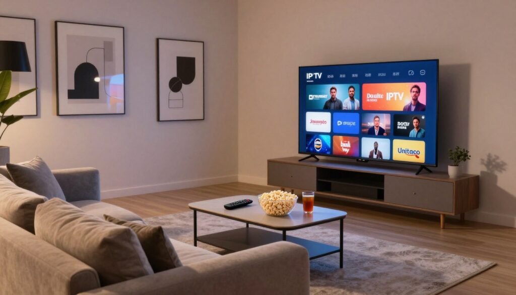 A modern living room setup featuring a sleek television displaying a vibrant user interface of premium adult IPTV channels. In the foreground, a cozy sofa adorned with soft cushions invites relaxation. The middle ground showcases a stylish coffee table with a remote control, popcorn, and drinks, setting a casual yet sophisticated ambiance. The walls are adorned with contemporary art that adds an elegant touch. Soft, ambient lighting creates a warm and inviting atmosphere, with shadows gently playing across the room. The perspective is slightly angled from the corner of the room, providing depth and inviting the viewer into the scene. The mood is comfortable and upscale, perfect for enjoying a night of entertainment at home.