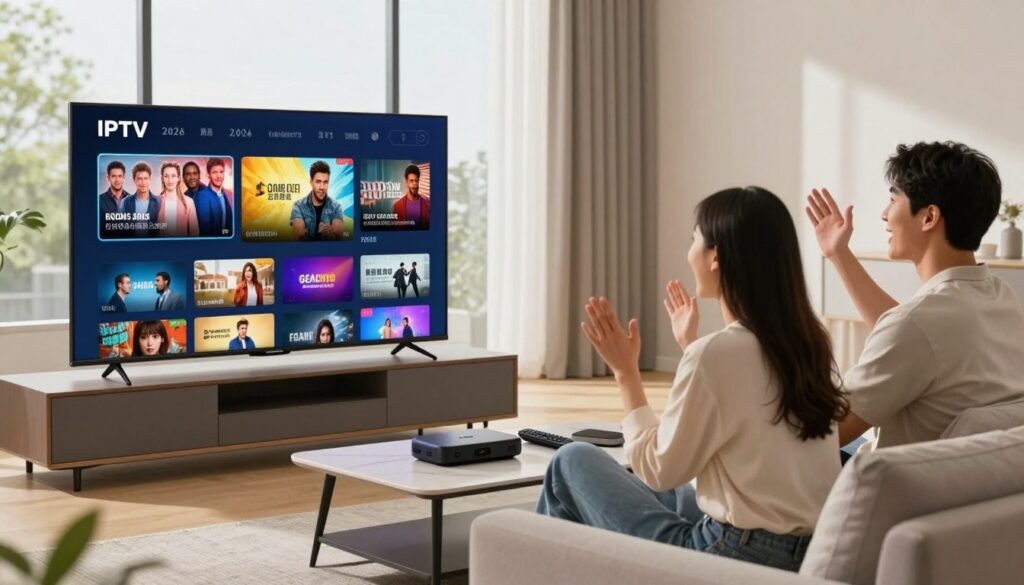 A modern living room showcasing IPTV subscription services in 2026. In the foreground, a sleek smart TV displays a vibrant interface with colorful thumbnails of various streaming content. A professional-looking couple, dressed in business casual attire, sits comfortably on a stylish sofa, engrossed in a movie with an expression of excitement. In the middle ground, a contemporary coffee table holds streaming devices and a remote control, signifying advanced technology. The background features large windows with natural light flooding the room, creating a bright and welcoming atmosphere. The overall mood is dynamic and futuristic, symbolizing the evolution of entertainment streaming. Use soft, warm lighting to enhance comfort and invite viewers into this advanced streaming experience.
