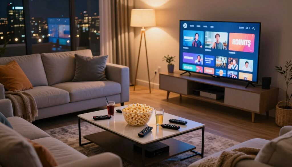 A modern living room with a cozy atmosphere, featuring a large flat-screen TV displaying a selection of streaming options. In the foreground, a stylish coffee table is cluttered with remote controls, popcorn, and drinks, inviting viewer engagement. A comfortable couch is positioned in the middle, adorned with plush pillows and throws, suggesting relaxation. In the background, soft lighting casts a warm glow, creating an inviting ambiance. Large windows reveal a night skyline, enhancing the entertainment vibe. The scene is captured from a slightly elevated angle, focusing on the entertainment setup while maintaining a sense of homeliness. The overall mood is casual and inviting, perfect for an entertaining night in.