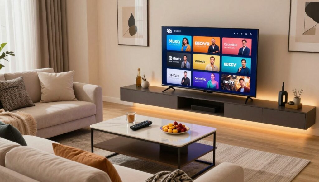 A modern living room with a sleek entertainment setup featuring a large flat-screen TV showing a vibrant menu of premium IPTV options. In the foreground, a comfortable plush sofa adorned with decorative cushions invites viewers to relax. The middle layer showcases an elegantly arranged coffee table with a remote control and stylish snacks, creating a relaxed ambiance. The background is softly illuminated by warm lighting, emphasizing a contemporary decor style with subtle artwork on the walls. The overall atmosphere conveys a sense of comfort and exclusivity, highlighting the growing demand for premium IPTV services. The scene is shot from a slightly elevated angle to capture the inviting layout and well-designed space.