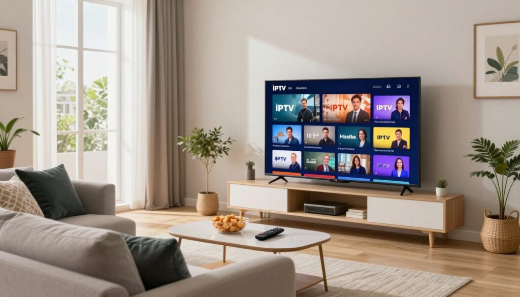 A modern living room with a sleek flat-screen TV displaying a vibrant IPTV menu showcasing various channels and categories. In the foreground, a comfortable sofa with stylish cushions invites relaxation. The room is well-lit with natural light streaming through large windows, creating a cozy atmosphere. A coffee table holds snacks and a remote control, suggesting a casual viewing experience. In the background, subtle decorations like plants and artwork enhance the ambiance without overpowering the main focus on the IPTV service. The overall mood is inviting and engaging, perfect for illustrating the extensive channel selection offered by IPTV services.