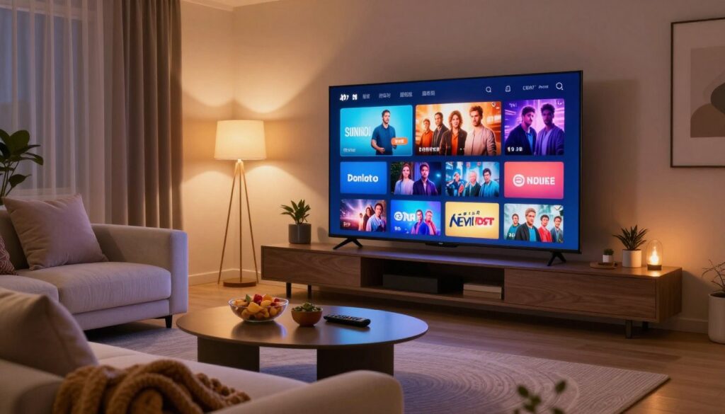 A modern living room with a sleek television prominently displayed, showcasing a vibrant interface of an on-demand streaming library filled with colorful thumbnails of movies and series. In the foreground, a cozy sofa is adorned with plush cushions, and a stylish coffee table rests nearby, featuring snacks and a remote control. The middle ground highlights the television screen glowing softly, reflecting the lively atmosphere of family entertainment. In the background, warm ambient lighting creates a welcoming mood, with soft shadows enhancing the depth of the room. The overall scene conveys a sense of comfort and leisure, perfect for enjoying premium streaming content. The angle is slightly low, capturing the richness of the interior design while emphasizing the entertainment focus.