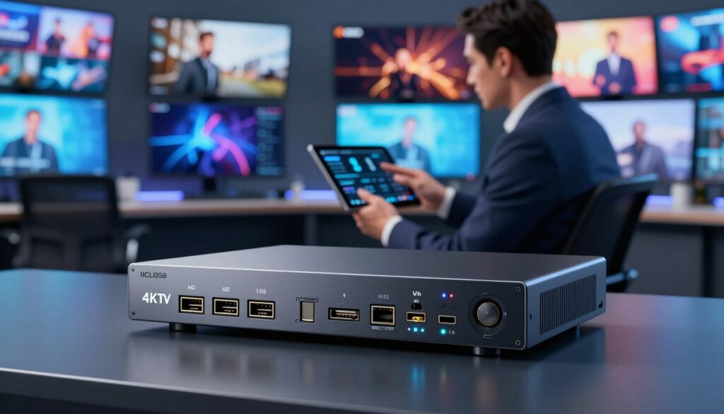 A modern, sleek 4K IPTV encoder showcased in a high-tech environment. In the foreground, the encoder features prominently, displaying various connection ports (HDMI, Ethernet, USB) and illuminated indicators. In the middle ground, a professional technician in business attire examines the device, using a tablet to monitor live streaming stats. The background features a vibrant media control room, filled with large screens displaying 4K content. Soft, diffused lighting enhances the technology's smooth surfaces, creating a polished and professional atmosphere. The focus is sharp, emphasizing the encoder's intricate design while maintaining a clean and organized layout. The overall mood conveys efficiency and advanced technology, perfect for illustrating key features for seamless streaming.