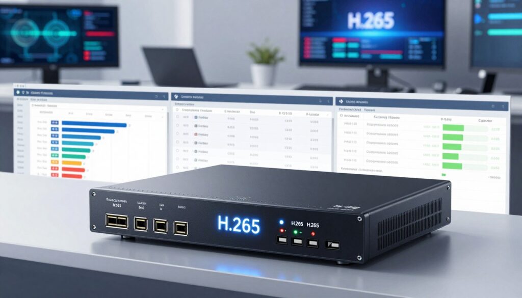 A modern, sleek H.265 encoder setup displayed prominently in the foreground, showcasing its advanced technology and design. The encoder features multiple output ports and an illuminated display, emphasizing its multifunctional capabilities. In the middle layer, a comparison chart of various H.265 encoders can be seen, illustrating key specifications and advantages, such as compression rates and efficiency. In the background, a well-lit office environment with high-tech screens displaying streaming graphics, depicting the evolution of H.265 technology. The lighting is bright and professional, creating a clean and focused atmosphere. The angle is slightly above eye level, providing a comprehensive view of the equipment and charts. Overall, the mood is sophisticated and analytical, reflecting the technological advancements in H.265 encoding.