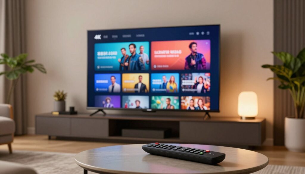 A modern, sleek IPTV service interface displayed on a high-definition television in a stylish living room. In the foreground, a remote control rests on a minimalist coffee table, with soft lighting emanating from table lamps, creating a cozy atmosphere. In the middle ground, an advanced Smart TV showcases vibrant 4K streaming content, displaying colorful visuals of movies and shows. The background features a contemporary decor with neutral tones and accents of greenery, exuding a high-end lifestyle. The overall mood is inviting and sophisticated, with warm lighting that enhances the comfort of the space. The scene is captured from an angle that highlights both the television and the inviting atmosphere of the room. A modern, sleek IPTV service interface displayed on a high-definition television in a stylish living room. In the foreground, a remote control rests on a minimalist coffee table, with soft lighting emanating from table lamps, creating a cozy atmosphere. In the middle ground, an advanced Smart TV showcases vibrant 4K streaming content, displaying colorful visuals of movies and shows. The background features a contemporary decor with neutral tones and accents of greenery, exuding a high-end lifestyle. The overall mood is inviting and sophisticated, with warm lighting that enhances the comfort of the space. The scene is captured from an angle that highlights both the television and the inviting atmosphere of the room.
