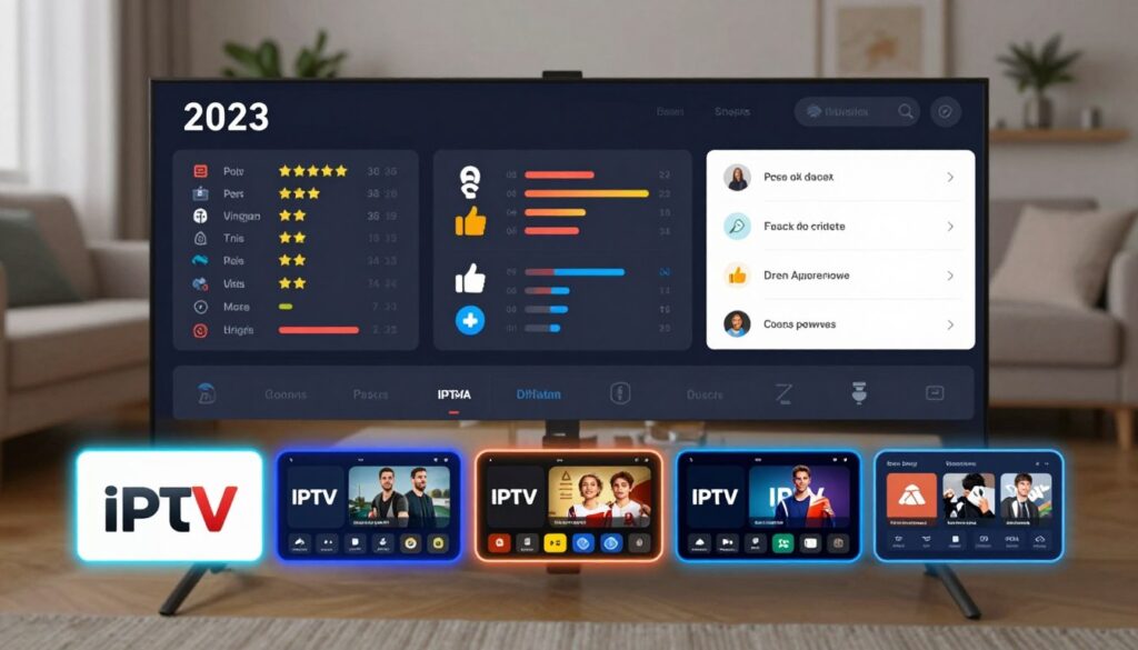 A modern, sleek comparison chart showcasing the best IPTV players of 2023, featuring realistic icons and detailed screenshots of the interfaces. In the foreground, the chart displays five IPTV player logos, each accompanied by a vibrant thumbnail of their interface, highlighted with glowing borders for emphasis. The middle section includes visual ratings and user-friendly features, illustrated with colorful graphics like stars and thumbs up. The background features a blurred living room setting with soft, ambient lighting that creates a comfortable and inviting atmosphere, emphasizing the joy of streaming. Incorporate a perspective that suggests depth, such as a slight bird's-eye view angle, to enhance visual interest. The overall mood is informative yet engaging, inviting the viewer to explore and compare the options.