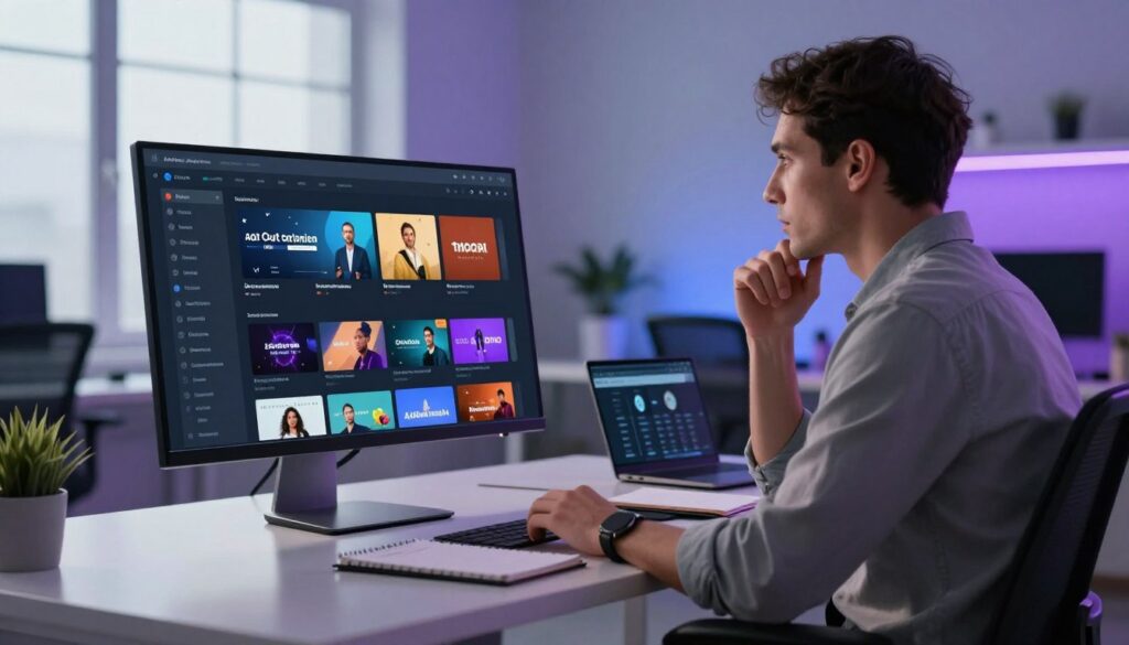 A modern, sleek digital workspace representing the concept of adult m3u streaming. In the foreground, a high-resolution monitor displays an intuitive media player interface, showcasing various streaming channels and playlists. In the middle, a professional individual in smart casual attire is seated at the desk, thoughtfully reviewing the content on the screen, surrounded by notepads and a laptop. The background features a stylish, contemporary office setting with soft ambient lighting that creates a focused yet relaxed atmosphere. Large windows allow natural light to filter in, casting gentle shadows, while a subtle gradient of blue and purple adds a tech-savvy feel. The overall mood reflects innovation and professionalism in the evolving landscape of streaming technology in 2023.