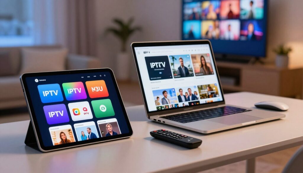 A modern, sleek digital workspace showcasing the features of IPTV M3U subscriptions in a visually engaging way. In the foreground, a high-tech tablet displays vibrant icons representing key features like live TV streaming, channel lists, and compatibility with multiple devices. In the middle, an elegant laptop with an open window showing a streaming service interface, alongside a remote control. The background features a subtle, blurred home entertainment setup with a large screen broadcasting diverse content. Soft, ambient lighting envelops the scene to create a cozy yet professional atmosphere. The perspective is slightly angled, capturing the dynamic arrangement of devices and emphasizing their usability. The overall mood is tech-savvy and inviting, appealing to potential subscribers.