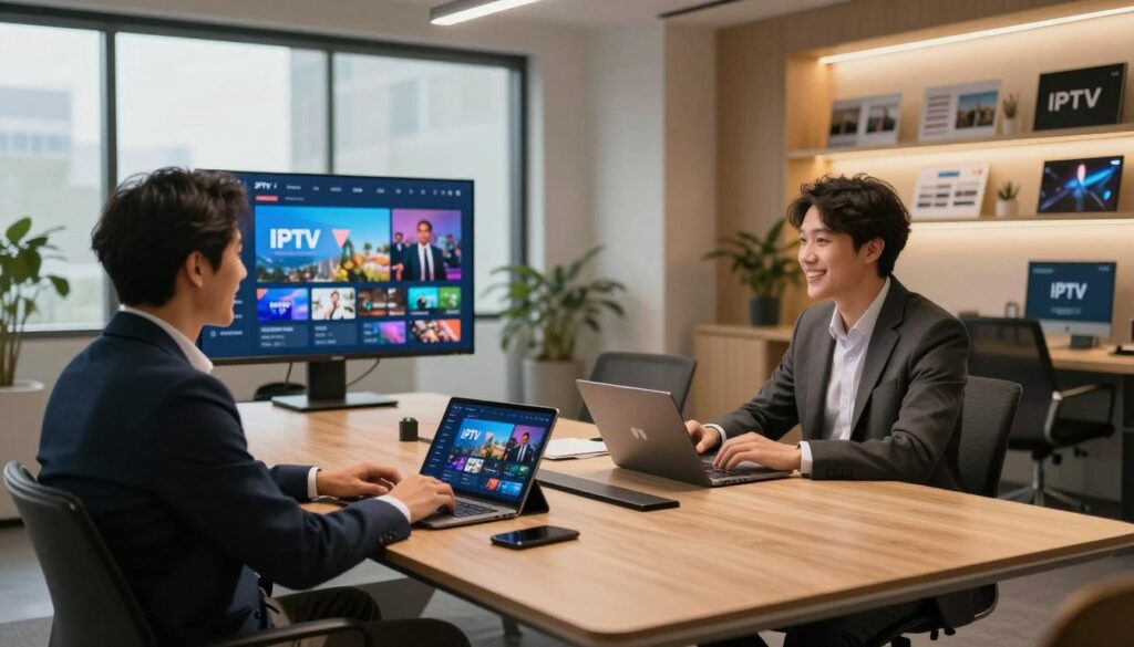 A modern, sleek office environment showcasing a professional adult IPTV provider. In the foreground, a well-dressed individual in business attire, reviewing digital screens displaying IPTV interface options, with an inviting smile. The middle ground features a spacious meeting table with high-tech devices like tablets and laptops, surrounded by another colleague engaged in a discussion. The background reveals shelves with entertainment media and promotional materials. Soft, warm lighting enhances a welcoming atmosphere, while large windows let in natural light, illuminating the space. A wide-angle perspective captures the collaborative energy of the room, conveying a sense of innovation and professionalism in the adult IPTV sector.