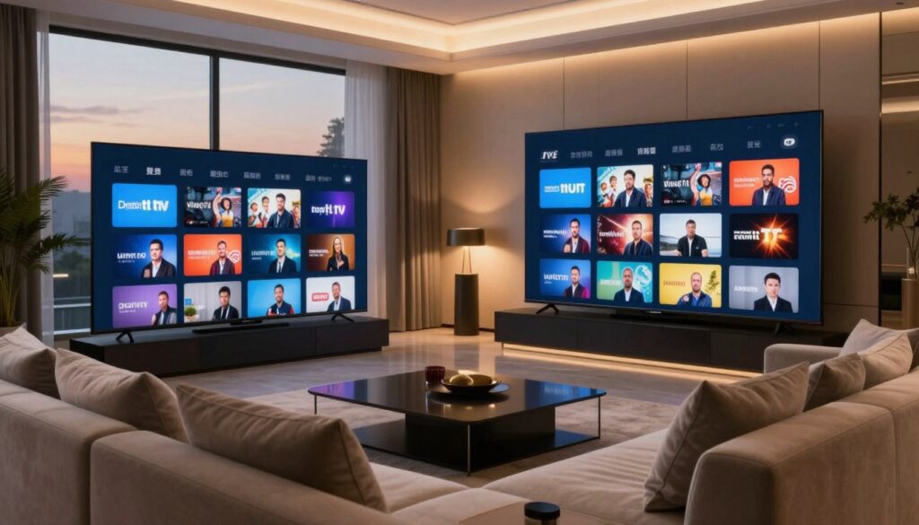 A modern, stylish living room setting designed for a premium viewing experience. In the foreground, a sleek, large-screen TV displays a sophisticated digital interface featuring various adult TV channels in a neatly organized grid format, showcasing a range of vibrant thumbnails. The middle ground includes a plush, comfortable sofa with elegant cushions, inviting viewers for an immersive moment. In the background, soft ambient lighting casts a warm glow, enhancing the luxurious atmosphere. Large windows are slightly open, allowing warm evening light to filter in, creating a relaxed mood. The scene is captured from a slightly elevated angle to highlight the room's layout, focusing on the TV and seating area, ensuring a professional and upscale vibe throughout.