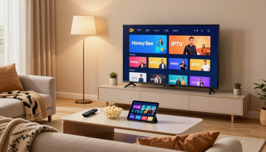 A professional, modern living room featuring a sleek smart TV displaying a vibrant interface of an IPTV streaming platform, with Honey Bee IPTV branding subtly integrated. In the foreground, a comfortable couch adorned with a stylish throw blanket and plush cushions sits invitingly. In the middle, a coffee table holds remote controls, popcorn, and a tablet displaying movie options. The background shows soft lighting from a floor lamp, creating a cozy atmosphere. The scene is angled to capture the viewer’s eye towards the TV, emphasizing the streaming experience. Warm tones and soft shadows enhance the inviting mood, symbolizing reliability and premium quality in entertainment.