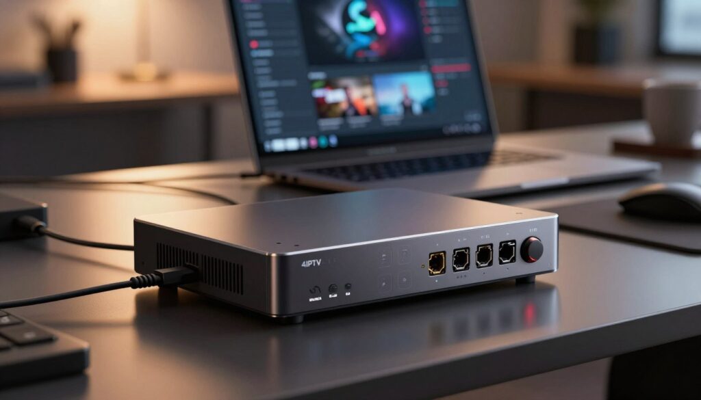 A sleek 4K IPTV encoder prominently displayed on a professional work desk, emphasizing its modern design with detailed ports and an elegant finish. In the foreground, focus on the encoder with sharp details, showcasing indicators and sleek buttons, reflecting high technology. The middle ground features a blurred laptop screen showing graphics related to streaming, while a set of surrounding cables create a professional, tech-savvy environment. The background has a softly illuminated office space with warm lighting, casting gentle reflections on the encoder to enhance its importance in seamless streaming. Use a shallow depth of field to keep the focus on the encoder, creating a sophisticated and inviting atmosphere that conveys innovation and quality.