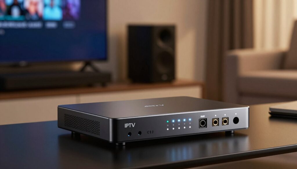 A sleek and modern 4K IPTV encoder in the foreground, featuring illuminated LED indicators and a polished casing. The device is angled slightly to showcase its various input and output ports, displaying high-tech connectivity options. In the middle, a blurred background filled with a stylish home entertainment setup—smart TV, audio system, and comfortable seating, creating an inviting atmosphere. Soft, warm lighting enhances the scene, giving it a sophisticated feel. The image should be captured with a shallow depth of field, allowing the encoder to remain in sharp focus while the background gently fades. Overall, the mood is contemporary and professional, encapsulating the essence of high-end IPTV technology, suitable for informative articles and tech enthusiasts alike.