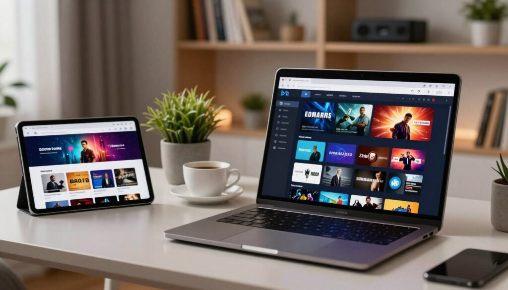 A sleek and modern digital workspace showcasing popular Kodi addons for adult entertainment. In the foreground, a high-end laptop displays an organized interface of top-rated Kodi addons, with vibrant icons and intricate visuals. To the left, a stylish tablet shows a streaming service's homepage, emphasizing accessibility. The middle ground features a contemporary desk with a few tasteful décor items, such as a potted plant and an elegant coffee cup. The background has soft-focus shelves lined with books on streaming technology and entertainment. Use soft ambient lighting to create a warm, inviting atmosphere, emphasizing a sense of professionalism and modernity. The scene is composed at a slight angle to provide depth, capturing the essence of an innovative digital streaming experience without any human subjects or distracting details.