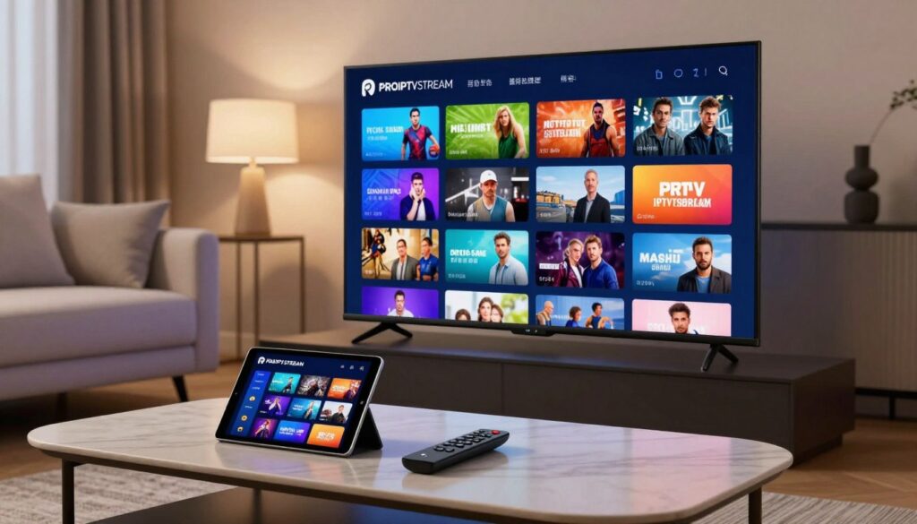 A sleek and modern living room setting designed for an ultimate IPTV experience. In the foreground, a high-definition television displays a vibrant, colorful assortment of channels showcasing various genres like sports, movies, and documentaries, symbolizing the richness of the PROIPTVSTREAM subscription. In the middle ground, a stylish coffee table holds a sleek remote control and a tablet displaying the PROIPTVSTREAM interface, emphasizing seamless access to content. The background features a cozy sofa with plush cushions, and ambient lighting sets a warm, inviting mood. Use soft, diffused lighting to enhance the atmosphere, capturing the essence of relaxation and entertainment in a contemporary home environment. The scene should feel professional and engaging, reflecting the premium quality of the IPTV service without any distractions.