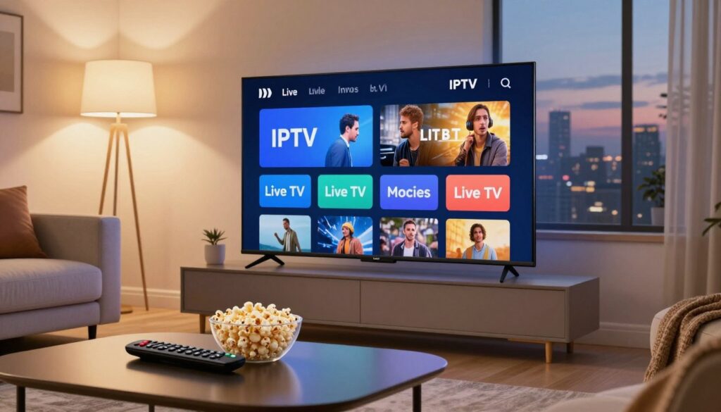 A sleek and modern living room setting featuring a high-end smart TV displaying a vibrant interface for an IPTV service. In the foreground, a stylish coffee table holds a remote control and popcorn, suggesting a relaxed viewing experience. The middle ground showcases a comfortable sofa with plush cushions, while a gentle glow from elegant floor lamps creates a warm, inviting atmosphere. In the background, a window reveals a twilight cityscape, enhancing the cozy ambiance. The lighting is soft yet bright enough to draw attention to the TV screen, showcasing various categories like Live TV, Movies, and Sports. The overall mood is that of enjoyment, relaxation, and premium entertainment. The frame is well-composed, resembling a high-quality lifestyle photo.