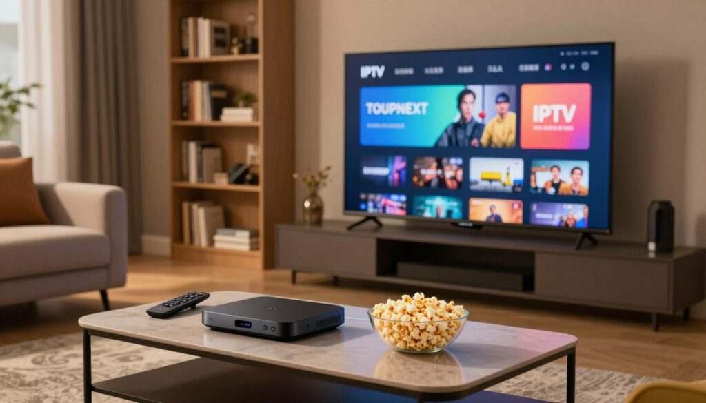 A sleek and modern living room setting serves as the foreground, featuring a high-end flat-screen television displaying a visually engaging IPTV interface with vibrant graphics. In the middle ground, a stylish coffee table is adorned with an IPTV streaming device and remote control, alongside a bowl of popcorn for a cozy viewing experience. The background includes neatly arranged bookshelves filled with entertainment-themed literature and a warm, inviting atmosphere created by soft, ambient lighting. The scene is captured with a slightly elevated angle, giving a comprehensive view of the room. The mood is relaxed and sophisticated, embodying the concept of a premium IPTV experience, highlighting comfort and quality in entertainment.