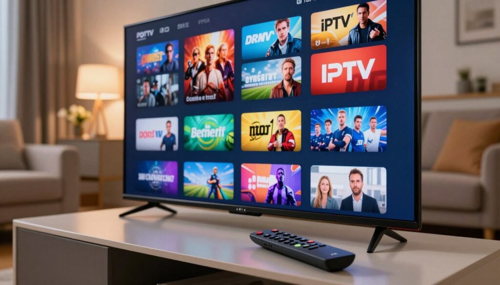 A sleek, close-up view of a modern digital television interface showcasing various IPTV service logos and features. In the foreground, a high-resolution TV screen displays vibrant, colorful thumbnails representing diverse genres, such as movies, sports, and documentaries. The middle layer includes a stylish remote control resting casually on a contemporary coffee table, hinting at home entertainment. In the background, a cozy living room setting with soft ambient lighting adds warmth, featuring a plush sofa and decorative elements. The overall atmosphere conveys a sense of modern leisure and sophistication, inviting viewers to explore the world of IPTV services. The image captures a mood of excitement and connection, highlighting the innovative nature of ProIPTVStream in the IPTV market.
