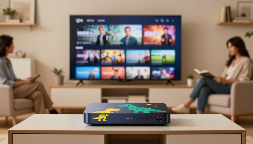 A sleek living room scene showcasing modern IPTV technology centered around a T-Rex themed IPTV device. In the foreground, the IPTV box, designed with vivid colors and dinosaur motifs, is elegantly placed on a minimalist media console. The middle layer features a large flat-screen TV displaying a captivating scene, hinting at various entertainment options like movies and sports. Soft, warm lighting fills the room, creating an inviting atmosphere, while a comfortable couch with a couple of people in business casual attire enjoys the content. The background features subtle decor elements, like shelves with books and plants, enhancing the modern yet cozy vibe. The image should have a high-resolution quality, with a slight depth of field effect, emphasizing the IPTV device as the focal point.