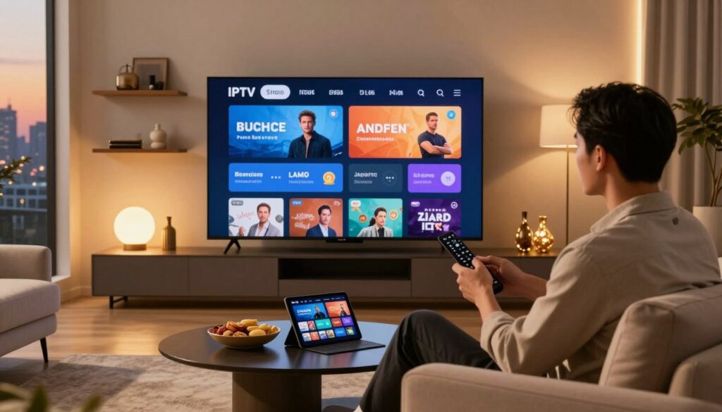A sleek living room setting with a modern television showcasing a sophisticated IPTV interface, drawing attention to vibrant streaming content. In the foreground, a professional in smart casual attire sits comfortably on a stylish sofa, holding a remote with curiosity. The middle ground features a stylish coffee table with snacks, a tablet displaying a variety of IPTV options, and ambient lighting from decorative lamps creating a warm, inviting atmosphere. The background includes minimalist shelving with elegant decor and a large window revealing a beautiful city skyline at dusk, casting soft golden light into the room. The overall mood is one of comfort, sophistication, and an elevated streaming experience, emphasizing the unique appeal of premium IPTV services.