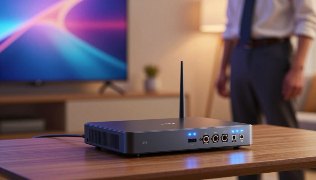 A sleek, modern 4K IPTV encoder placed prominently in the foreground, showcasing its advanced features like LED lights and multiple input/output ports. In the middle ground, a subtle network setup is visible, including high-end cables and a router to emphasize connectivity. The background features a softly blurred home entertainment setup with a large 4K television displaying vibrant colors, under warm ambient lighting that creates a cozy atmosphere. The scene is captured with a shallow depth of field, enhancing the focus on the encoder. A professional, tech-savvy individual in business attire stands next to the encoder, examining its specifications. The overall mood is innovative and sophisticated, highlighting the transformative power of 4K IPTV technology in enhancing viewing experiences.