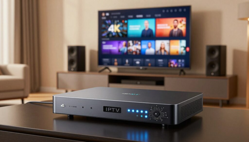A sleek, modern 4K IPTV encoder prominently displayed in the foreground, showcasing its high-tech design with LED indicators and intricate circuitry. In the middle ground, a digital screen demonstrates vibrant 4K content streaming, highlighting its premium quality. The background features a modern living room setup with a large flat-screen TV and sophisticated audio equipment, illuminated with soft, warm lighting to create a cozy atmosphere. The scene is shot from a slightly elevated angle, enhancing the perspective of the encoder and the TV. Overall, the mood conveys innovation and luxury, reflecting the elevated experience of using a top-rated 4K IPTV encoder.