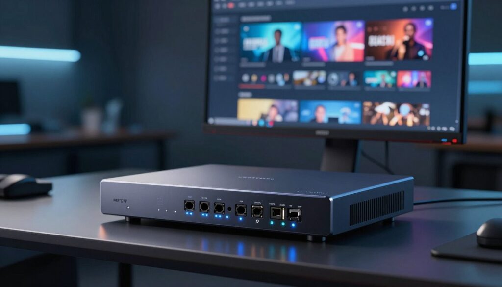 A sleek, modern IPTV encoder device prominently displayed in the foreground, showcasing its compact design and illuminated control panel with various ports. The encoder is set on a professional workstation with subtle lighting that highlights its features, casting soft reflections on the glossy surface. In the middle background, a high-definition monitor displays a vibrant IPTV streaming interface, demonstrating the device's capability. The background features a blurred tech-themed office environment, conveying an atmosphere of innovation and reliability. Use cool tones to enhance the professional feel and employ a slightly angled perspective to create depth. The overall mood should be focused and dynamic, appealing to technology enthusiasts and professionals in the streaming industry.