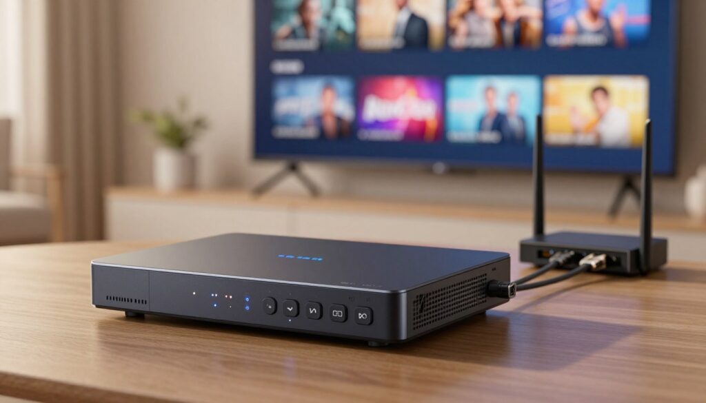 A sleek, modern IPTV encoder device showcased prominently in the foreground, detailed with multiple buttons, LED indicators, and cooling vents. In the middle, a network connection setup is depicted with high-quality cables and a router, symbolizing connectivity. The background features a blurred living room setting with a large TV screen displaying a vibrant content selection interface, hinting at streaming possibilities. Soft, warm lighting illuminates the scene, creating an inviting atmosphere that conveys reliability and professionalism. The angle is slightly tilted downward, providing a clear view of the device while suggesting a practical usage context. The overall mood is tech-savvy and efficient, ideal for an audience seeking trustworthy streaming solutions.