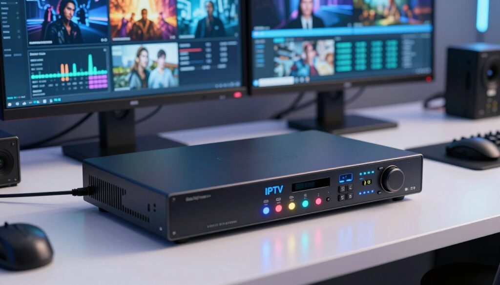 A sleek, modern IPTV encoder prominently displayed in the foreground, showcasing intricate digital controls and LED lights indicating active streaming. In the middle ground, a high-tech workspace featuring multiple monitors displaying vibrant media content, graphs, and data analytics, creating a tech-savvy atmosphere. The background is softly blurred but hints at professional gadgets, cables, and an organized setup enhancing the streaming experience. The lighting is bright yet soft, creating a futuristic and inviting mood, with a slight reflection on the polished desk surface. The camera angle is slightly elevated, providing a comprehensive view of the encoder and its digital environment, emphasizing its importance in the streaming process.