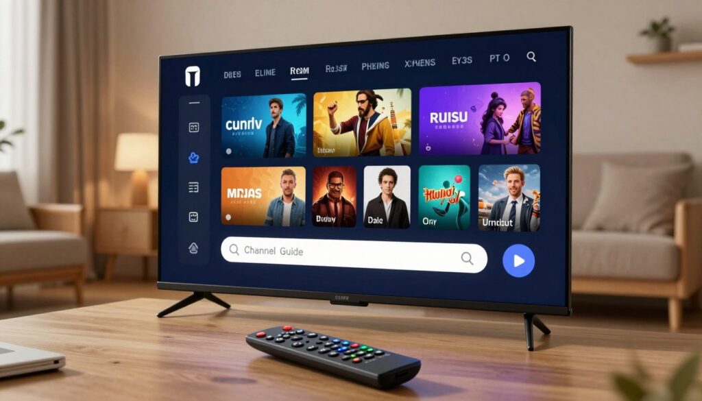 A sleek, modern IPTV player interface displayed on a high-resolution screen, showcasing various features like a channel guide, streaming options, and a search bar. In the foreground, the remote control with illuminated buttons is prominently positioned, indicating usability. The middle ground features the IPTV player screen, filled with vibrant menu icons and an engaging layout of diverse content, surrounded by subtle animations indicating live streaming. The background features a cozy living room setting with soft lighting that creates a warm, inviting atmosphere, emphasizing the entertainment aspect. The scene is captured with a wide-angle lens, ensuring clarity and detail. The mood is dynamic yet relaxed, reflecting a high-quality streaming experience suitable for an article on IPTV players' key features. No text or brand logos are present in the image.