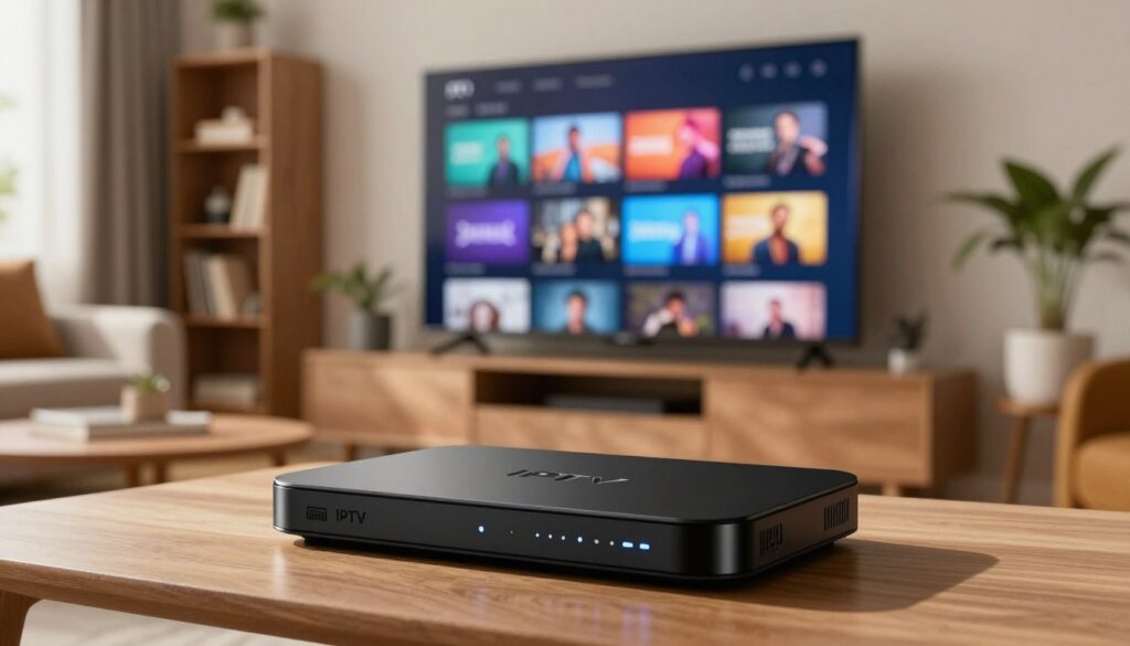 A sleek, modern adult IPTV box displayed prominently in the foreground, featuring a glossy black finish and subtle LED indicators glowing softly. In the middle ground, a well-organized living room setup with a large flat-screen TV showcasing a visually engaging IPTV interface, complete with vibrant channel thumbnails and a user-friendly layout. The background is softly blurred, suggesting an ambient space with comfortable seating and subtle decorative elements, like a bookshelf and indoor plants, creating a cozy atmosphere. Warm, natural lighting streams in through a nearby window, casting gentle shadows that enhance the inviting feel. The overall mood is sophisticated yet welcoming, reflecting a cutting-edge entertainment experience.