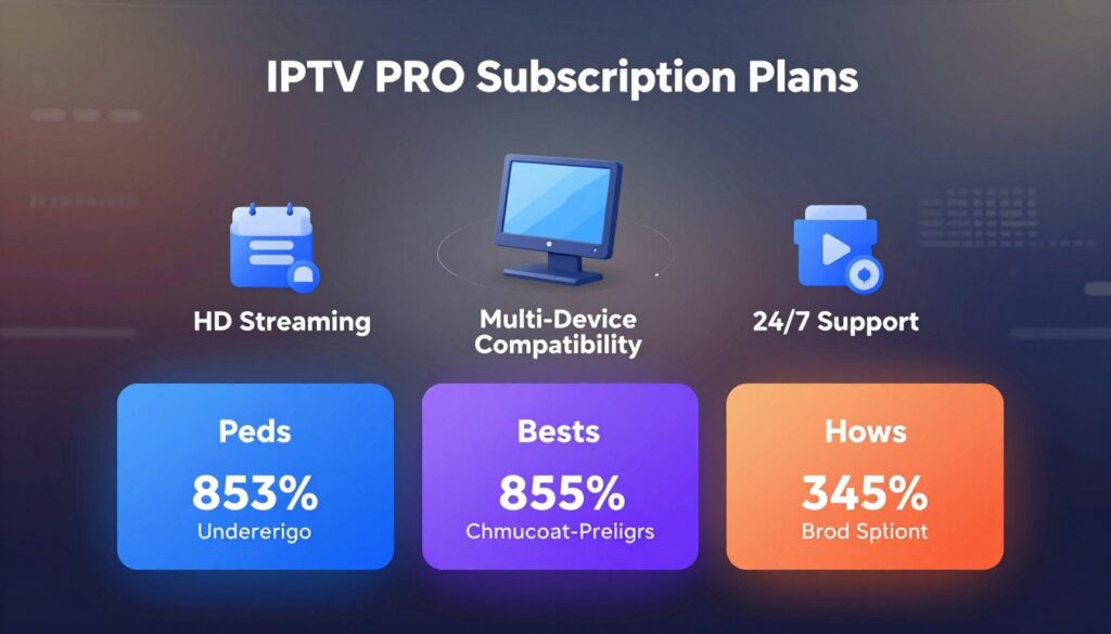 A sleek, modern digital design showcasing "IPTV PRO Subscription Plans" in an elegant infographic style. In the foreground, prominently feature three distinct subscription plan cards, labeled with clear tiers and prices, rendered in vibrant colors. The middle section displays dynamic icons representing features like "HD Streaming", "Multi-Device Compatibility", and "24/7 Support", all artistically arranged to draw attention. The background features a subtle, tech-inspired abstract pattern with soft gradients, creating depth and a futuristic feel. Use soft lighting to enhance visibility, with a slight vignette effect for focus. The overall mood is professional and informative, suitable for a technology-oriented audience, emphasizing clarity and visual appeal without any text, logos, or branding elements.
