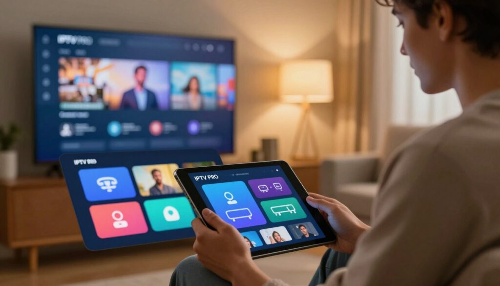 A sleek, modern digital interface showcasing the core features of an IPTV PRO service. In the foreground, vibrant icons representing streaming, user-friendly navigation, and device compatibility, all displayed on an interactive screen. In the middle, a well-dressed professional focused on a tablet, immersed in the IPTV experience, with a backdrop of a cozy living room featuring a large TV. The background is softly illuminated with warm lighting, creating an inviting atmosphere. Use a shallow depth of field to emphasize the tablet screen and the user’s concentration, while the room remains slightly blurred. Capture an overall mood of innovation and accessibility in technology. The image should be polished and contemporary, without any text or branding.