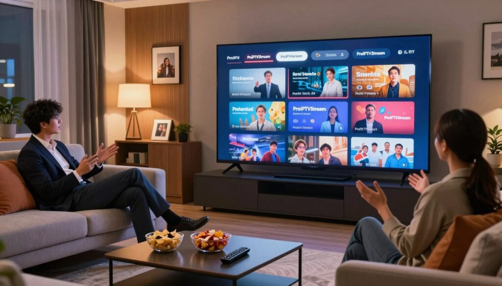 A sleek, modern home theater setup featuring a large flat-screen TV displaying vibrant live channels from ProIPTVStream. In the foreground, a stylish coffee table is adorned with snacks and a remote control, creating an inviting atmosphere. In the middle ground, two individuals, dressed in professional business attire, are relaxing on a plush couch, animatedly discussing the content on the screen. The background highlights a cozy living room with soft lighting that enhances the warm colors of the decor, and subtle details like family photos and potted plants. The scene conveys excitement and engagement, emphasizing the extensive content library available through ProIPTVStream, creating a sense of accessibility and abundance. Use a wide-angle lens to capture a comprehensive view of the room, ensuring a clear focus on the TV and the captivated viewers.
