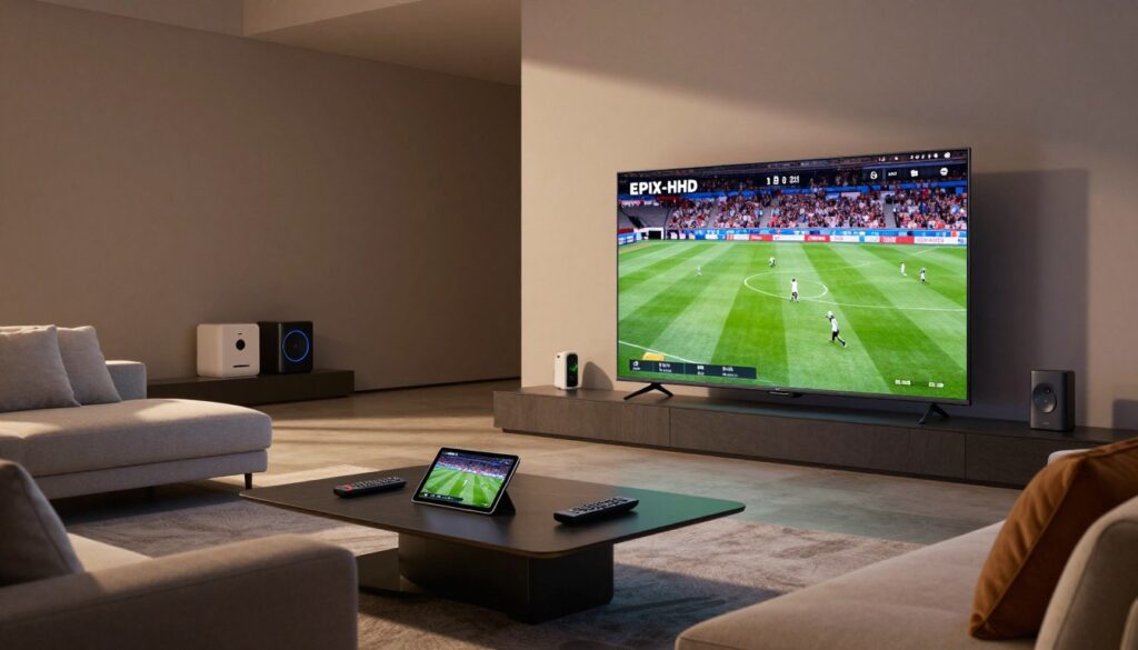 A sleek, modern living room bathed in soft, ambient lighting, showcasing a high-tech IPTV setup. In the foreground, a large, ultra-HD television displays vibrant images from a live sports event, its screen reflecting the excitement of the match. A stylish coffee table holds a sleek remote and a tablet, hinting at the ease of navigating through premium channels. In the middle, a comfortable sofa with plush cushions invites viewers to relax and enjoy the entertainment. The background features a minimalist decor with smart home gadgets subtly integrated, emphasizing the cutting-edge technology. Soft shadows play across the scene, creating a cozy yet sophisticated atmosphere that highlights the seamless experience of EPIX IPTV. The camera angle is slightly low, drawing viewers into the inviting space, evoking a sense of modern luxury and convenience.