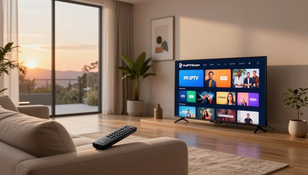 A sleek, modern living room featuring a cozy couch with a remote control resting on the arm, symbolizing casual relaxation. In the foreground, a high-definition television displays an intuitive IPTV interface showcasing ProIPTVStream’s logo and vibrant channel options. Soft, ambient lighting envelops the room, creating a warm atmosphere, while large windows in the background reveal a sunset, adding a comforting glow. The decor is minimalist yet elegant, with tasteful artwork and potted plants enhancing the inviting feel. Capture the scene from a slightly elevated angle to emphasize the fun and ease of using the best IPTV on a Firestick, evoking a sense of satisfaction and engagement in the viewer.