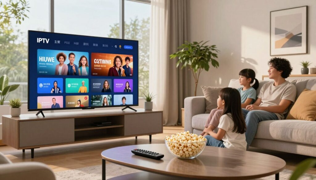 A sleek, modern living room featuring a large flat-screen TV displaying a vibrant, high-quality IPTV interface showcasing various channel icons. In the foreground, a stylish coffee table is adorned with a remote control and a bowl of popcorn, hinting at a cozy viewing experience. The middle ground features a comfortable sofa with plush cushions, and a family is casually dressed, engrossed in the screen, reflecting enjoyment. In the background, large windows let in soft, warm natural light, enhancing the inviting atmosphere. The room is decorated with contemporary art and plants to add a touch of sophistication. The overall mood is one of relaxation and enjoyment, capturing the essence of premium IPTV services. Use bright, vivid colors to give the image a lively, appealing look.