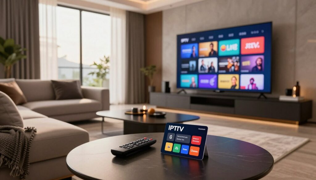 A sleek, modern living room featuring a large, flat-screen TV displaying an IPTV interface with vivid, high-definition channels. In the foreground, a stylish coffee table holds a remote control and an IPTV subscription card proudly showcasing its premium features. In the middle, a comfortable sofa with elegant cushions invites viewers to relax and enjoy entertainment. The background features a large window with soft, natural light streaming in, casting a warm glow across the room. The atmosphere is cozy and inviting, perfect for streaming shows and movies. Use a wide lens perspective to capture the entire space, emphasizing the state-of-the-art technology in a fashionable and sophisticated setting.