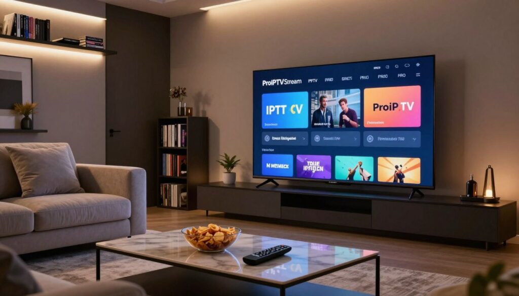 A sleek, modern living room illuminated by soft, ambient lighting, showcasing a large, high-definition flat-screen TV displaying a vibrant interface of a premium IPTV service. In the foreground, a stylish coffee table features a remote control and a bowl of snacks, inviting a sense of relaxation. In the middle ground, a comfortable sofa with cushions suggests a welcoming environment for mature viewers. The background features tastefully chosen decor, including shelves with curated DVDs and a small bookshelf filled with novels, emphasizing a sophisticated atmosphere. The overall mood is cozy yet technologically advanced, highlighting the seamless streaming performance of ProIPTVStream’s Premium IPTV PRO, captured from a slightly angled perspective to suggest depth and engagement.