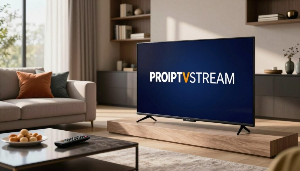 A sleek, modern living room setting designed for entertainment. In the foreground, a stylish flat-screen television displays the PROIPTVSTREAM logo prominently. To the left, a polished coffee table holds a remote and snacks, symbolizing a cozy viewing experience. In the middle, a plush sofa is decorated with colorful throw pillows, reflecting a welcoming atmosphere. Natural light streams in through large windows, casting soft shadows and creating a warm ambiance. The background showcases shelves filled with books and decorative items, enhancing the refined decor. The overall mood is inviting and sophisticated, portraying the idea of premium IPTV service that stands out for its quality and variety. The image captures a scene where technology and comfort blend seamlessly.
