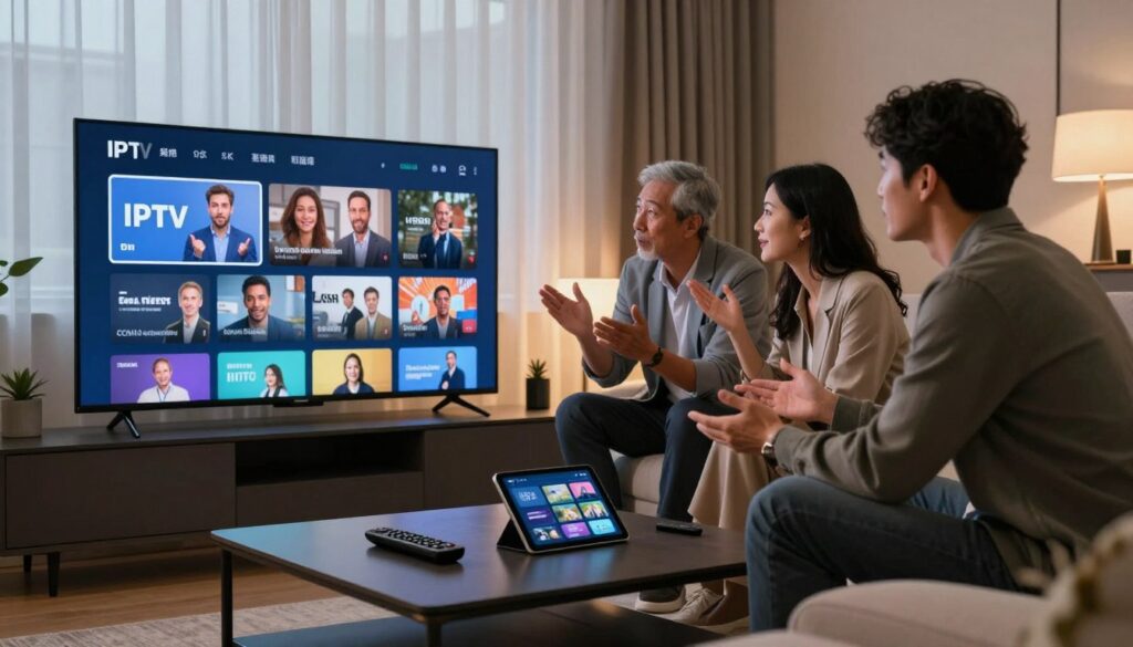 A sleek, modern living room setting featuring a high-definition television displaying a user-friendly IPTV interface showcasing various channels. In the foreground, a stylish coffee table is adorned with remote controls and a tablet that emphasizes streaming technology. In the middle ground, a diverse group of three adults, dressed in business casual attire, are engaged in an animated discussion about IPTV services, highlighting their excitement and curiosity. The background features a large window with soft, ambient lighting filtering through sheer curtains, creating a warm, inviting atmosphere. The scene captures a sense of innovation and engagement, symbolizing the technological revolution in adult content delivery without any explicit elements or inappropriate themes.