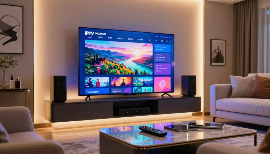 A sleek, modern living room setting featuring a high-definition television displaying vibrant IPTV premium content, such as a colorful cinematic landscape and dynamic graphics. In the foreground, a stylish coffee table holds a remote control and high-quality speakers, suggesting an advanced entertainment system. In the middle ground, a luxurious sofa with soft pillows invites viewers to relax and enjoy. The background shows elegant wall art and ambient lighting casting a warm, inviting glow throughout the space. The image captures a tech-savvy atmosphere, celebrating luxury and modern lifestyle. Soft focus on the edges enhances the main subject, while a subtle lens flare adds a touch of sophistication. The mood is relaxed yet vibrant, reflecting an elevated viewing experience.
