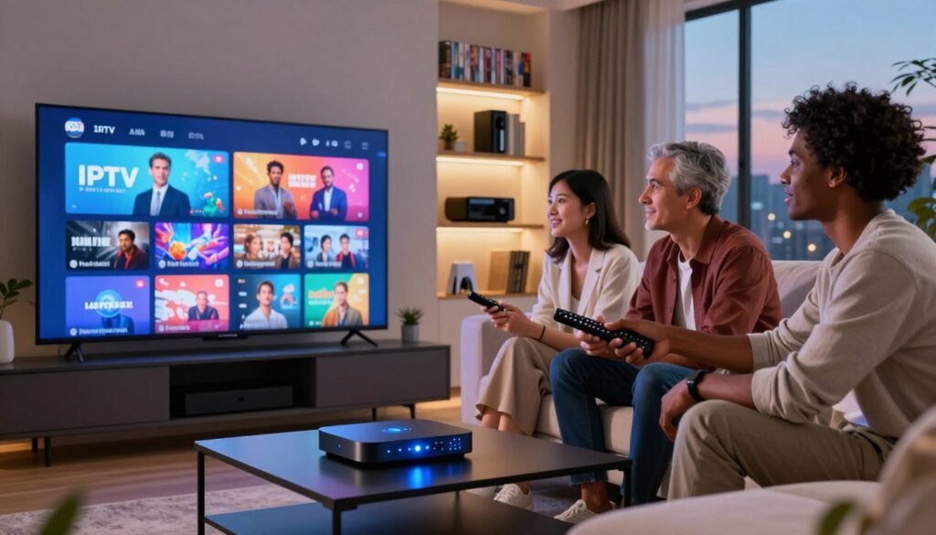 A sleek modern living room setting featuring a large flat-screen TV displaying vibrant visuals of IPTV streaming content. In the foreground, a diverse group of three people—two men and one woman—are seated on a comfortable couch, attentively engaged with a remote control, dressed in professional casual attire. The room is illuminated by soft, warm lighting that creates an inviting atmosphere. On the coffee table, a stylish digital streaming device with glowing indicators symbolizes modern technology. In the background, shelves lined with DVDs and gaming consoles add depth, while large windows reveal a cityscape at dusk, enhancing the lively ambiance. The image conveys a sense of excitement and innovation in premium streaming.