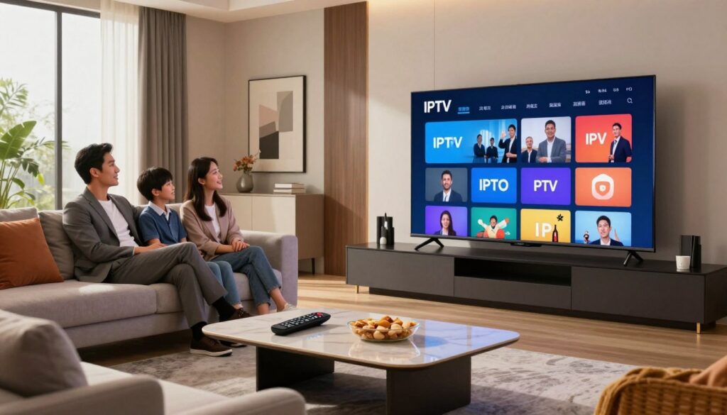 A sleek, modern living room setting with a high-end flat-screen television displaying a vibrant interface of premium IPTV services. In the foreground, a stylish coffee table holds a remote control and snacks, while a comfortable sofa with plush cushions invites relaxation. The middle layer features a family happily watching TV, dressed in professional business attire, embodying a sense of togetherness and enjoyment. Soft, ambient lighting creates a warm and inviting atmosphere, highlighting the advanced technology of the IPTV system. The background includes tasteful decor with artwork on the walls, and large windows allowing for natural light to flow in, enhancing the cozy yet high-tech feel of the space.